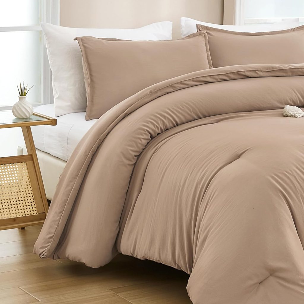 Andency King Size Comforter Set - 7 Pieces Bed in a Bag King Bedding Comforter Sets Oatmeal, Summer Solid Soft Lightweight Comforter with Fitted Sheets, Flat Sheets, Pillowcases  Shams