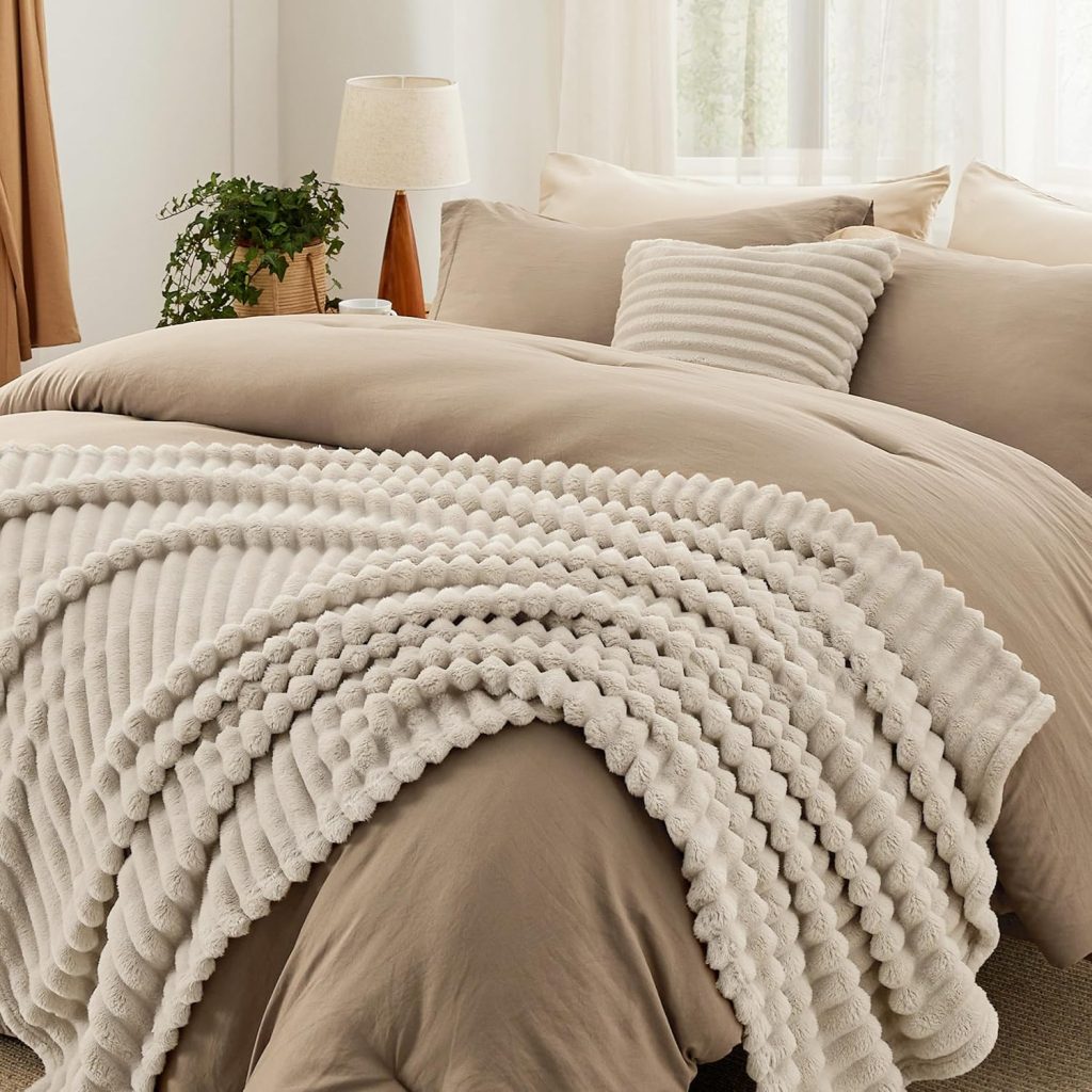 Bedsure Comforter Full Size 5 Pieces - Full Size Comforter Set with Throw Blanket and Decorative Pillow, Lightweight Bedding Comforter Sets, All Season Bedding Sets (Khaki, 82 x 86)