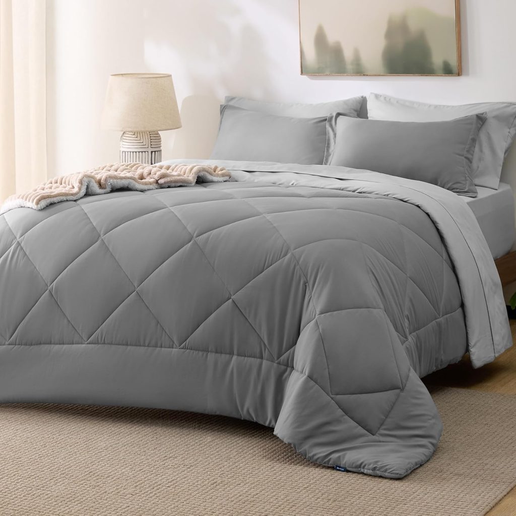 Bedsure Queen Comforter Set - 7 Pieces Reversible Comforters Queen Size Bed Set Bed in a Bag with Comforter, Sheets, Pillowcases  Shams, Grey Bedding Sets