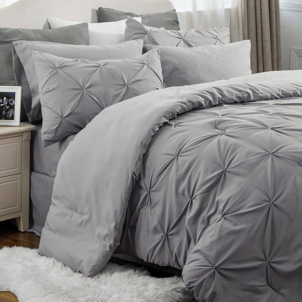 Bedsure Queen Comforter Set - Bed in a Bag Queen 7 Pieces, Pintuck Bedding Sets Grey Bed Set with Comforter, Sheets, Pillowcases  Shams