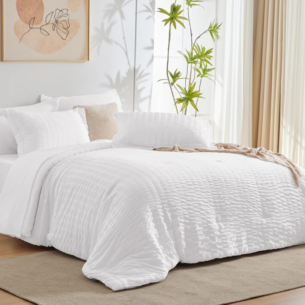 CozyLux King Comforter Set with Sheets White Seersucker Bed in a Bag 7-Pieces All Season Bedding Sets with Comforter, Pillow Sham, Flat Sheet, Fitted Sheet, Pillowcase