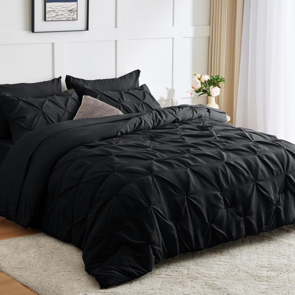 CozyLux Queen Comforter Set - 7 Pieces Bed in A Bag Queen Black Comforters Queen Size Black, Pintuck Pinch Pleat Complete Bedding Sets with Comforter, Flat Sheet, Fitted Sheet and Pillowcases  Shams