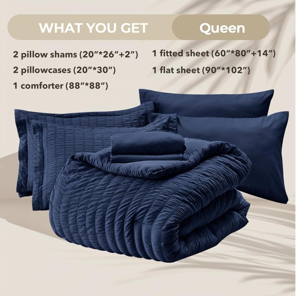 HYMOKEGE Queen Comforter Set Seersucker 7 Pieces, All Season Luxury Bed in a Bag for Bedroom, Bedding Set with Comforters, Sheets, Pillowcases  Shams, Dark Grey