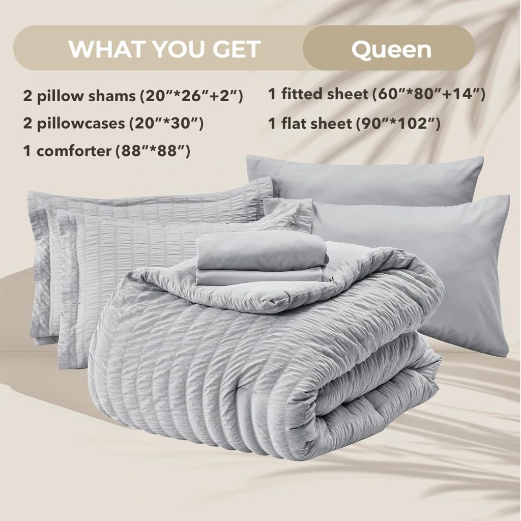 HYMOKEGE Queen Comforter Set Seersucker 7 Pieces, All Season Luxury Bed in a Bag for Bedroom, Bedding Set with Comforters, Sheets, Pillowcases  Shams, Dark Grey