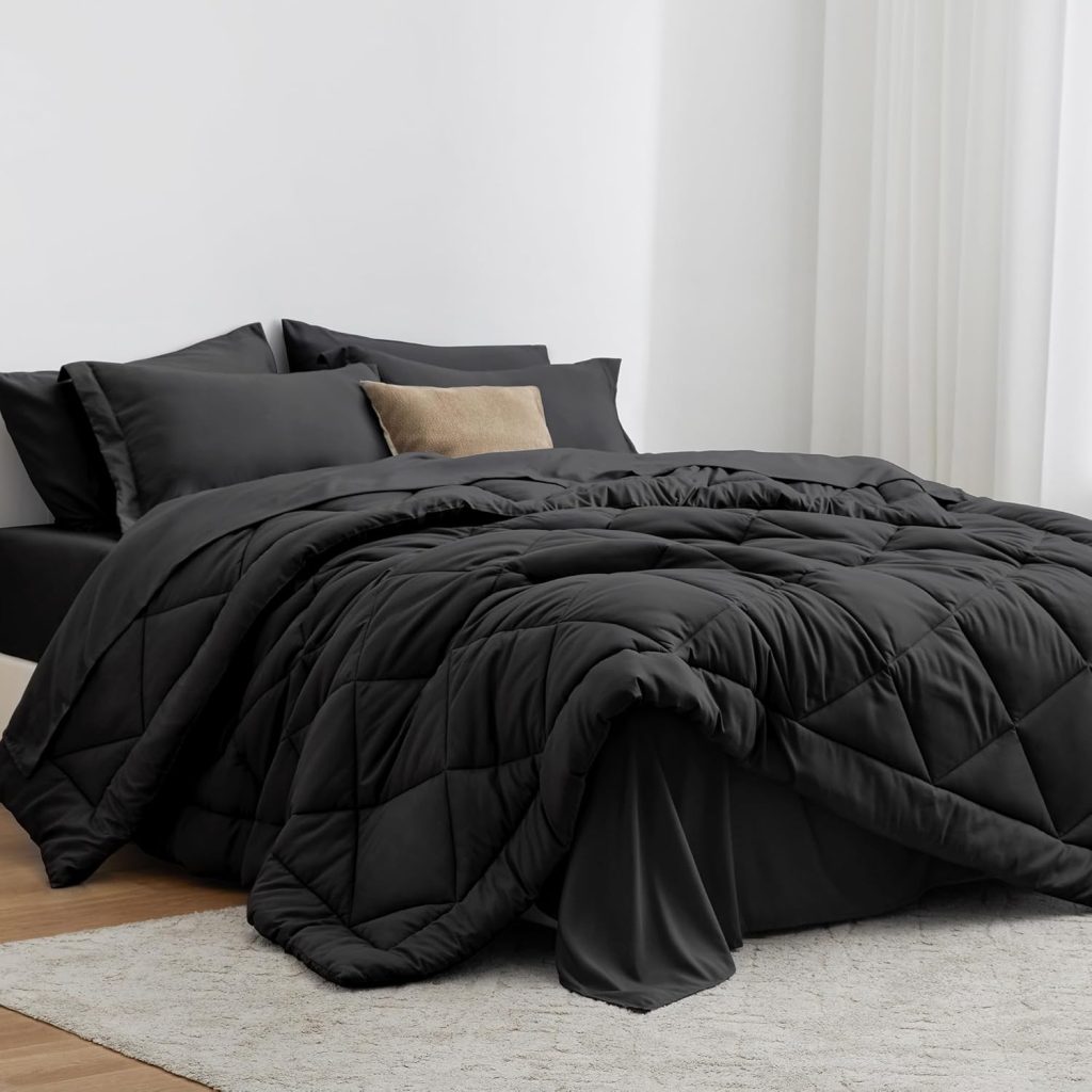 Loves cabin King Size Comforter Set Black, 7 Pieces King Bed in a Bag, All Season King Bedding Sets with 1 Comforter, 1 Flat Sheet, 1 Fitted Sheet, 2 Pillowcase and 2 Pillow Sham