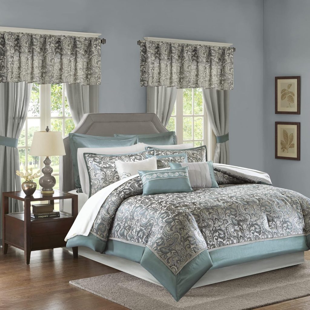 Madison Park Essentials Brystol 24 Piece Room in a Bag Faux Silk Comforter Jacquard Paisley Design Matching Curtains Down Alternative Hypoallergenic All Season Bedding-Set, King (104 in x 92 in), Teal