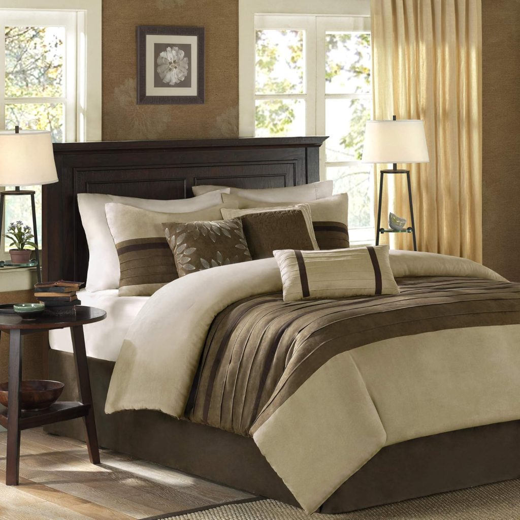 Madison Park Palmer Comforter Set - Faux Suede Design, Striped Accent, All Season Down Alternative Bedding, Matching Shams, Decorative Pillow, Bed Skirt, Full (82 in x 90 in), Natural 7 Piece