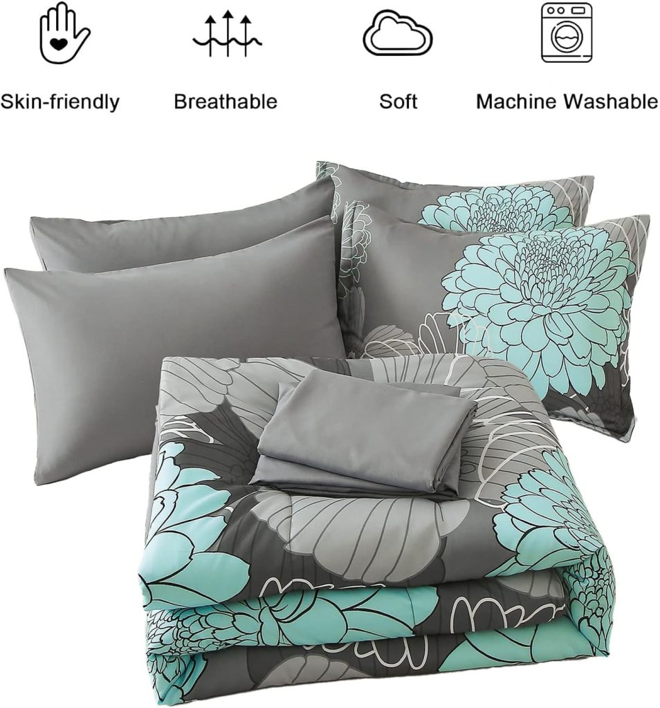 Yiran 7 Pieces Bed in a Bag Floral Comforter Set Queen Flowers Bedding Set Soft Microfiber Comforter Sets with 1 Comforter 1 Flat Sheet 1 Fitted Sheet 2 Pillowshams and 2 Pillowcases