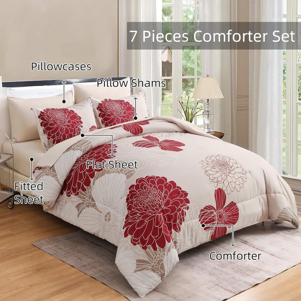 Yiran 7 Pieces Bed in a Bag Floral Comforter Set Queen Flowers Bedding Set Soft Microfiber Comforter Sets with 1 Comforter 1 Flat Sheet 1 Fitted Sheet 2 Pillowshams and 2 Pillowcases