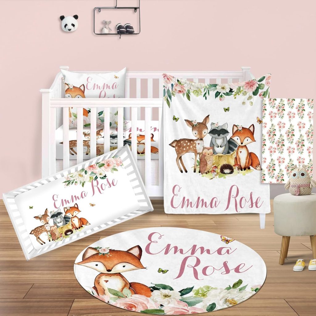 Custom Nursery Crib Bedding Set: Personalized Nursery Decor Baby Blanket Fitted Crib Sheet Changing Pad Cover Baby Room Rug Bear Deer Wolf Pattern Gift Idea(Fixed Size)