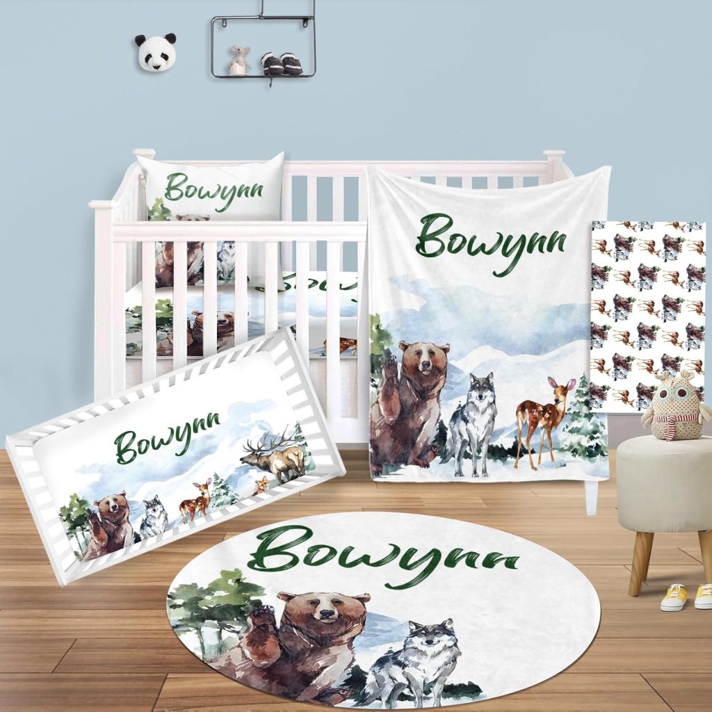 Custom Nursery Crib Bedding Set: Personalized Nursery Decor Baby Blanket Fitted Crib Sheet Changing Pad Cover Baby Room Rug Bear Deer Wolf Pattern Gift Idea(Fixed Size)