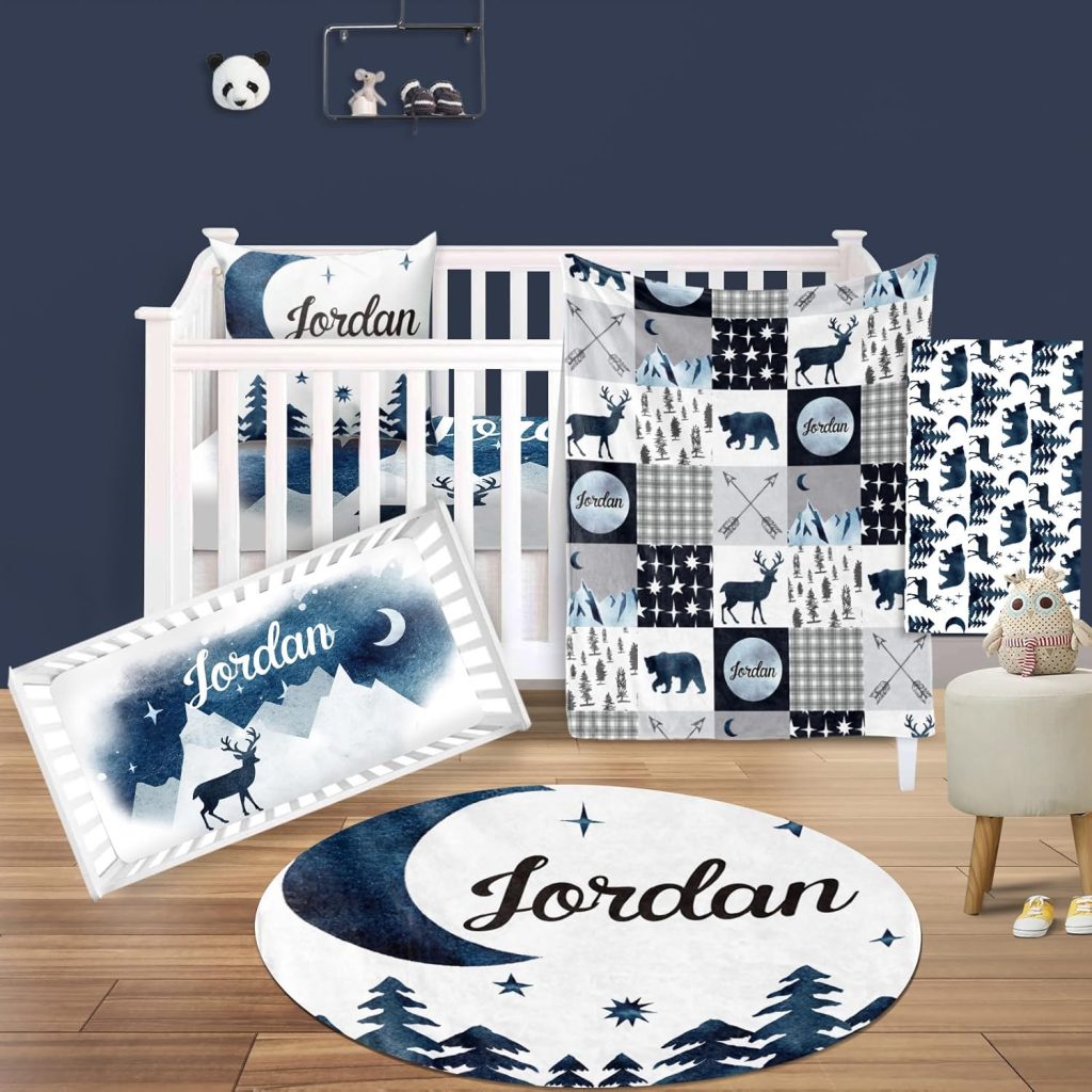 Custom Nursery Crib Bedding Set: Personalized Nursery Decor Baby Blanket Fitted Crib Sheet Changing Pad Cover Baby Room Rug Bear Deer Wolf Pattern Gift Idea(Fixed Size)