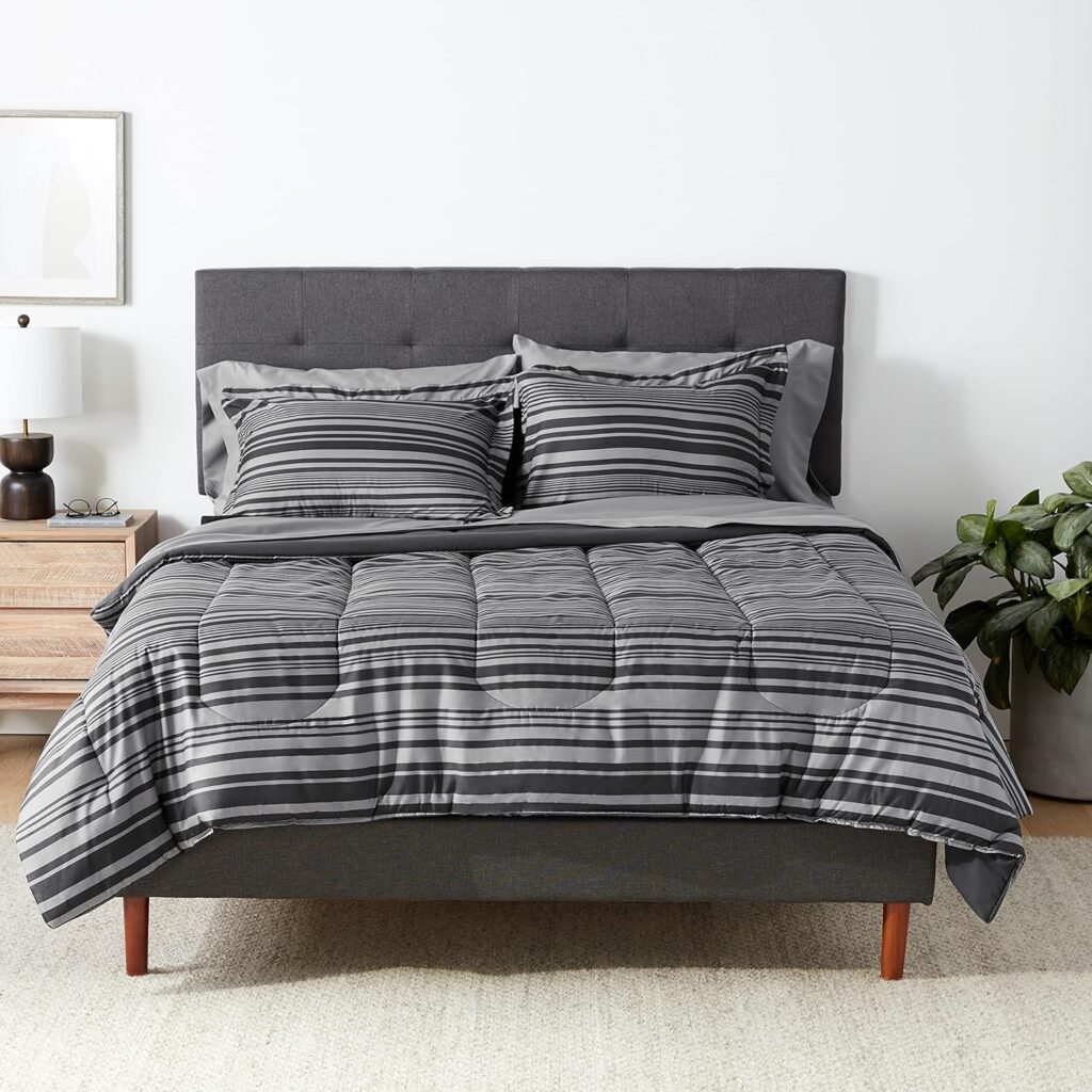 Amazon Basics Full/Queen Comforter Set with Sheets, 5-Piece Gray Calvin Stripe Bedding, Lightweight Microfiber Bed-in-a-Bag