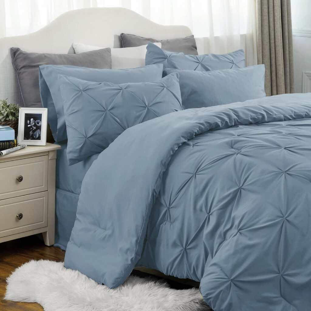 Bedsure King Size Comforter Set - Bedding Sets King 7 Pieces, Pintuck Bed in a Bag Grey Bed Set with Comforter, Sheets, Pillowcases  Shams