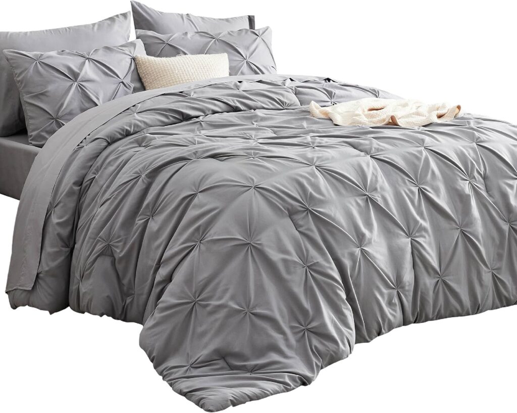 Bedsure King Size Comforter Set - Bedding Sets King 7 Pieces, Pintuck Bed in a Bag Grey Bed Set with Comforter, Sheets, Pillowcases  Shams