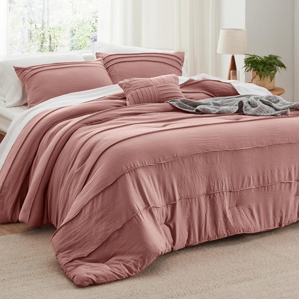 Bedsure Queen Comforter Set - 4 Pieces Pinch Pleat Bed Set, Beige Boho Bedding for All Season, 1 Soft Comforter, 2 Pillowcases, 1 Decorative Pillow