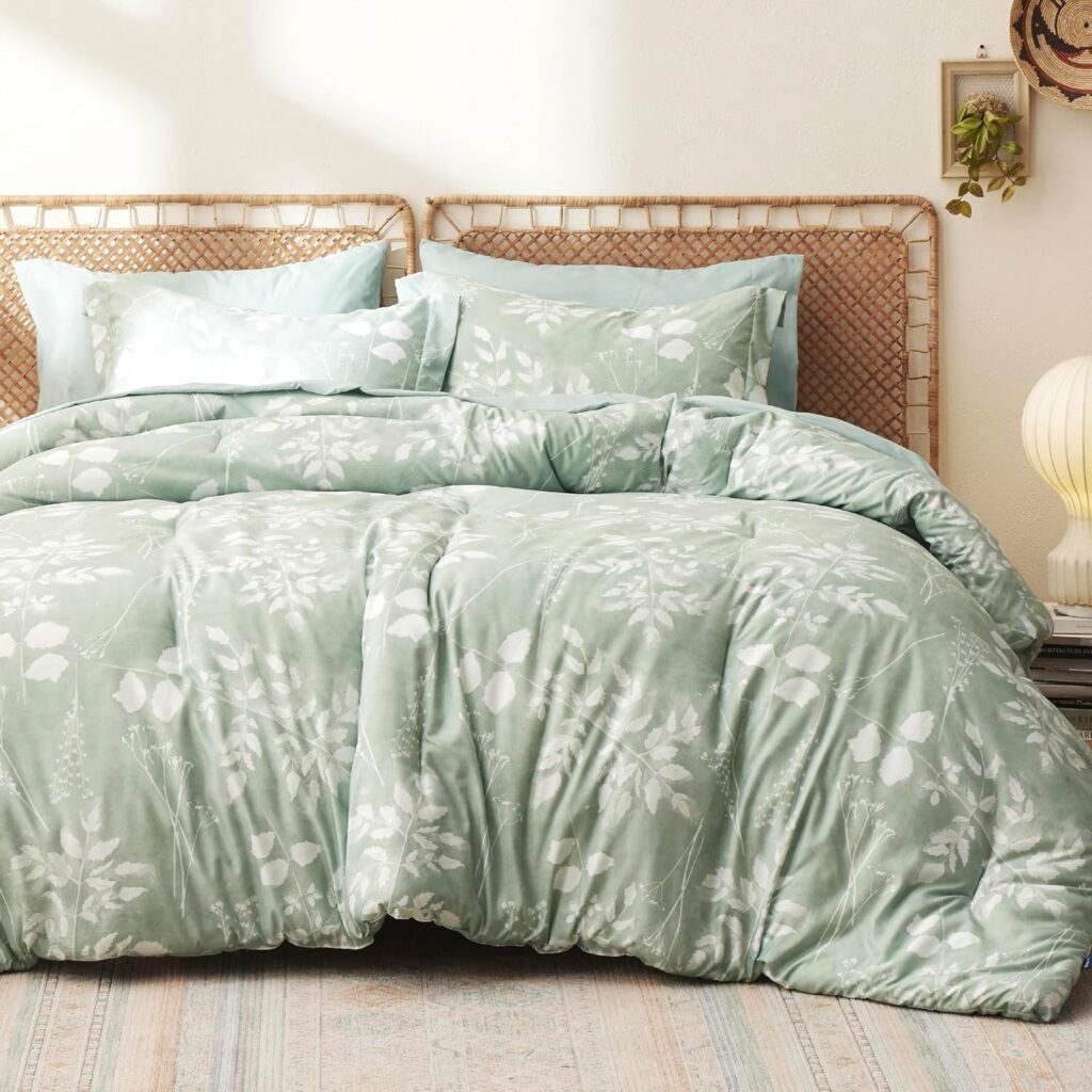 Bedsure Queen Comforter Set - 7 Pieces Floral Sage Green Soft Bedding Sets, Queen Bed in a Bag with Botanical Flowers Comforter, Sheets, Pillowcases  Shams