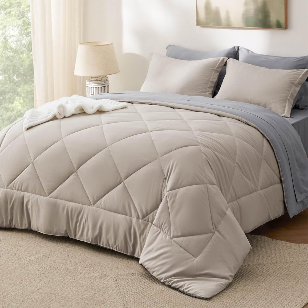 Bedsure Queen Comforter Set - 7 Pieces Reversible Grey Bedding, Queen Size Bed Set for All Seasons, Bed in a Bag with Down Alternative Comforter, Sheets, Pillowcases  Shams