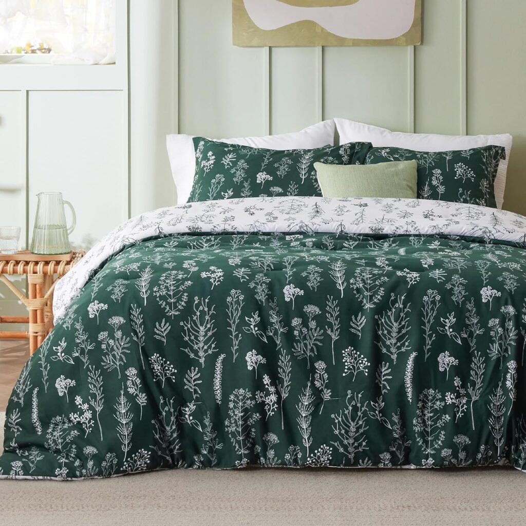 Bedsure Queen Comforter Set - Sage Green Bed Set, 3 Pieces Cute Floral Bedding, 1 Soft Reversible Botanical Flowers Comforter and 2 Pillow Shams