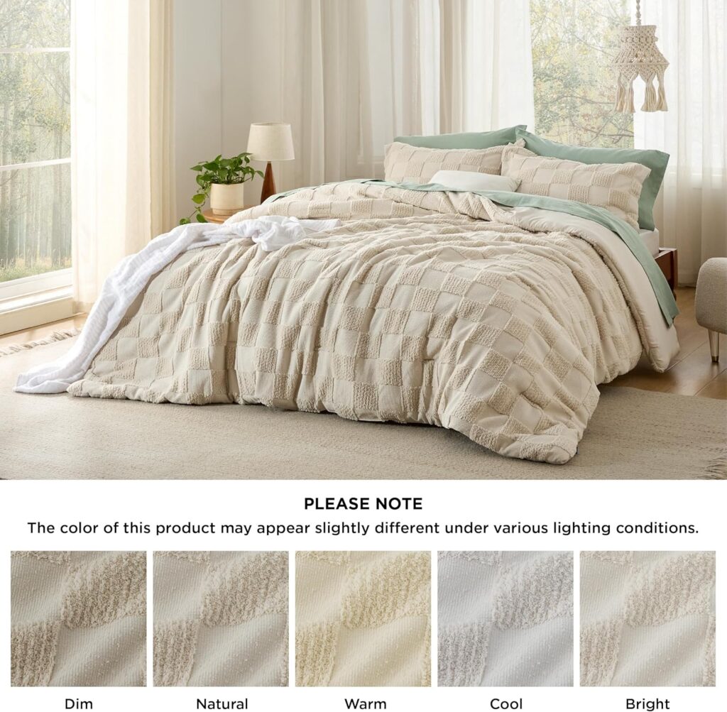 Bedsure Queen Size Comforter Set Beige, Boho Tufted Bed Set, Checkered Farmhouse Shabby Chic Bedding, 3 Pieces, 1 Plaid Geometric Comforter and 2 Pillow Shams