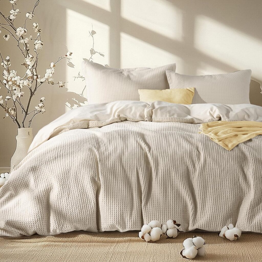 Bedsure Waffle Comforter Set King, Beige Soft Cotton Bedding, Waffle Weave Bed Set, 3 Pieces, 1 Comforter (104x90) and 2 Pillow Shams, Premium Cotton Cover with Polyester Fill for All Seasons