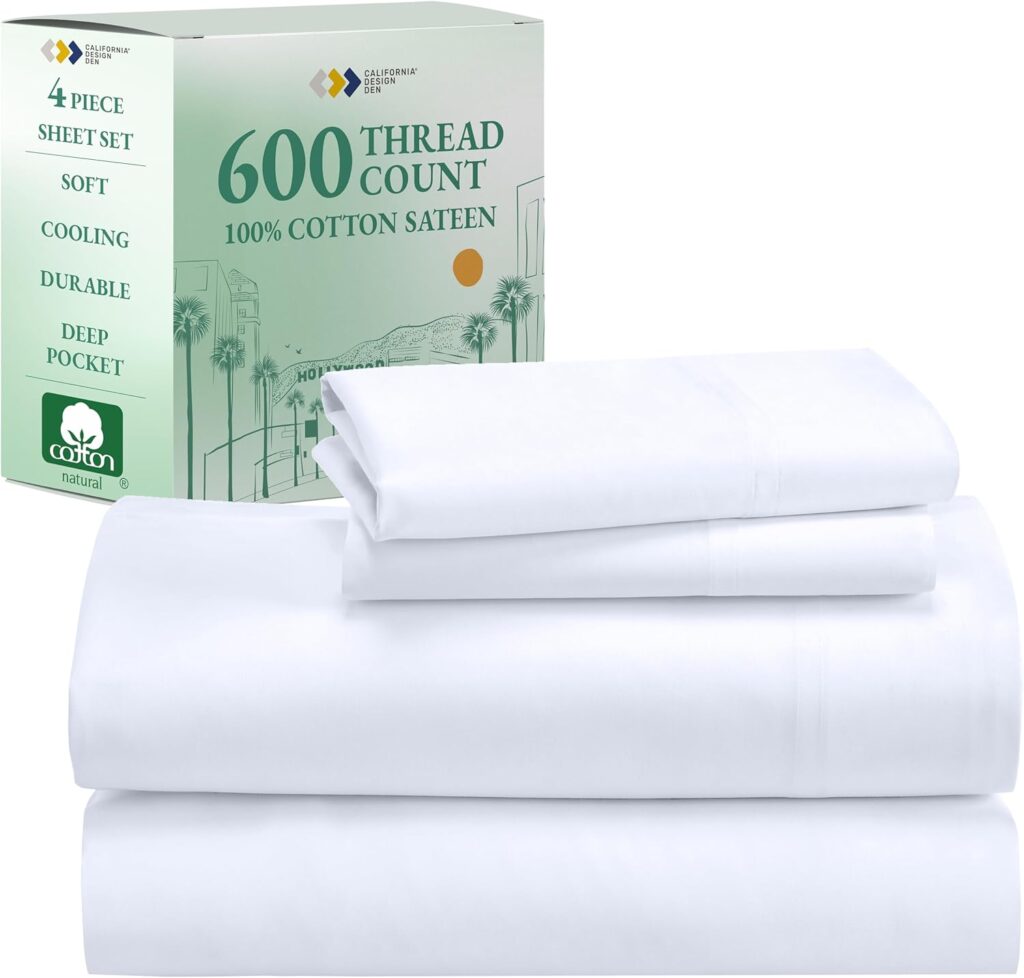 California Design Den Queen Size Sheet Set, 600 Thread Count 100% Cotton Sheets, Luxury Deep Pocket Queen Sheets Cotton Sateen, Hotel-Quality Queen Sheet Set - White Sheets