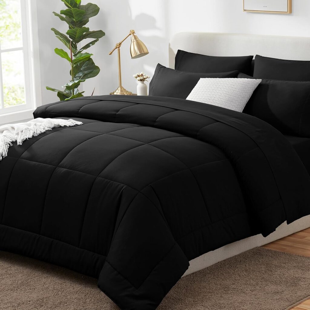 CozyLux Full Size Comforter Sets 7 Pieces Bed in a Bag Full Black Comforter Full Size Bed Set Bedding Sets with All Season Quilted Comforter, Flat Sheet, Fitted Sheet, Pillowcases, Black, Full