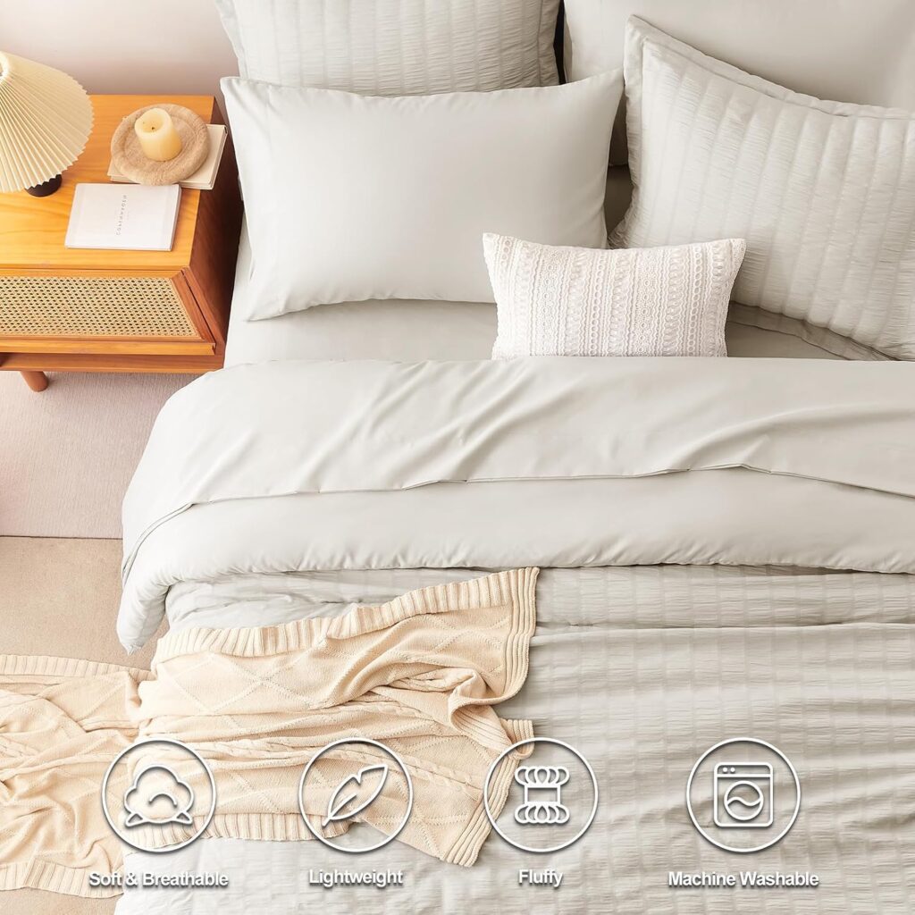 CozyLux King Comforter Set with Sheets White Seersucker Bed in a Bag 7-Pieces All Season Bedding Sets with Comforter, Pillow Sham, Flat Sheet, Fitted Sheet, Pillowcase