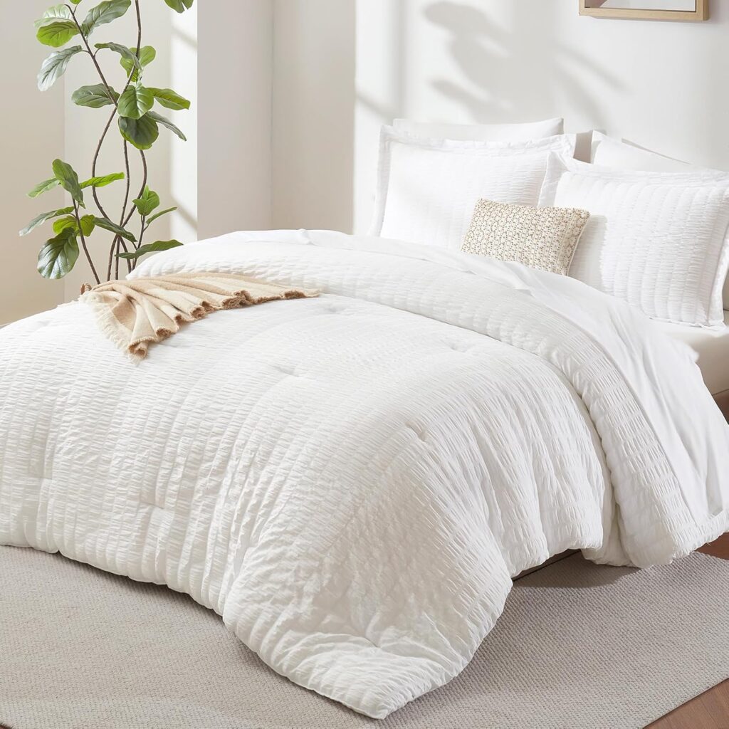 CozyLux King Comforter Set with Sheets White Seersucker Bed in a Bag 7-Pieces All Season Bedding Sets with Comforter, Pillow Sham, Flat Sheet, Fitted Sheet, Pillowcase