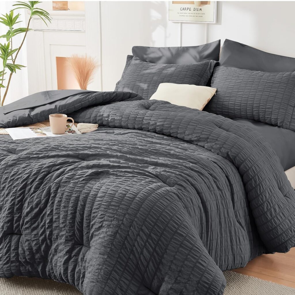 HYMOKEGE Queen Comforter Set Seersucker 7 Pieces, All Season Luxury Bed in a Bag for Bedroom, Bedding Set with Comforters, Sheets, Pillowcases  Shams, Dark Grey