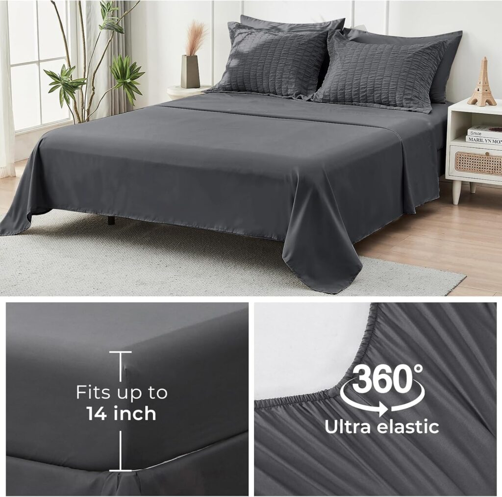 HYMOKEGE Queen Comforter Set Seersucker 7 Pieces, All Season Luxury Bed in a Bag for Bedroom, Bedding Set with Comforters, Sheets, Pillowcases  Shams, Dark Grey