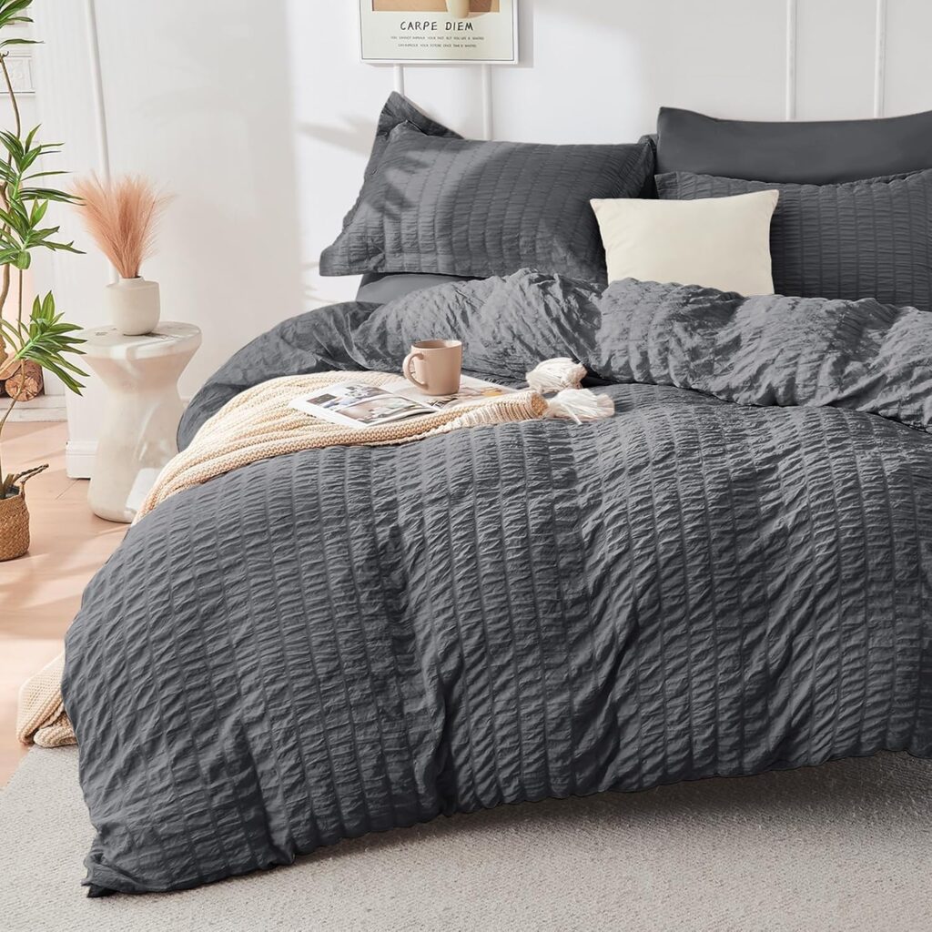 HYMOKEGE Queen Comforter Set Seersucker 7 Pieces, All Season Luxury Bed in a Bag for Bedroom, Bedding Set with Comforters, Sheets, Pillowcases  Shams, Dark Grey